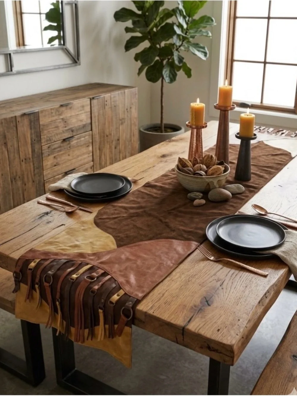 Stetson Home Classics Leather Patchwork Western Rustic Table Runner Brown